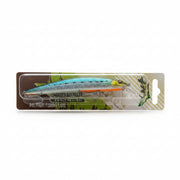 A packaged fishing lure on a gray tiled surface. The lure is a hard bait with a silver and light blue body, orange belly, and yellow details, mounted on a cardboard backing with printed graphics and the text 'PREMIUM FISHING LURE'.